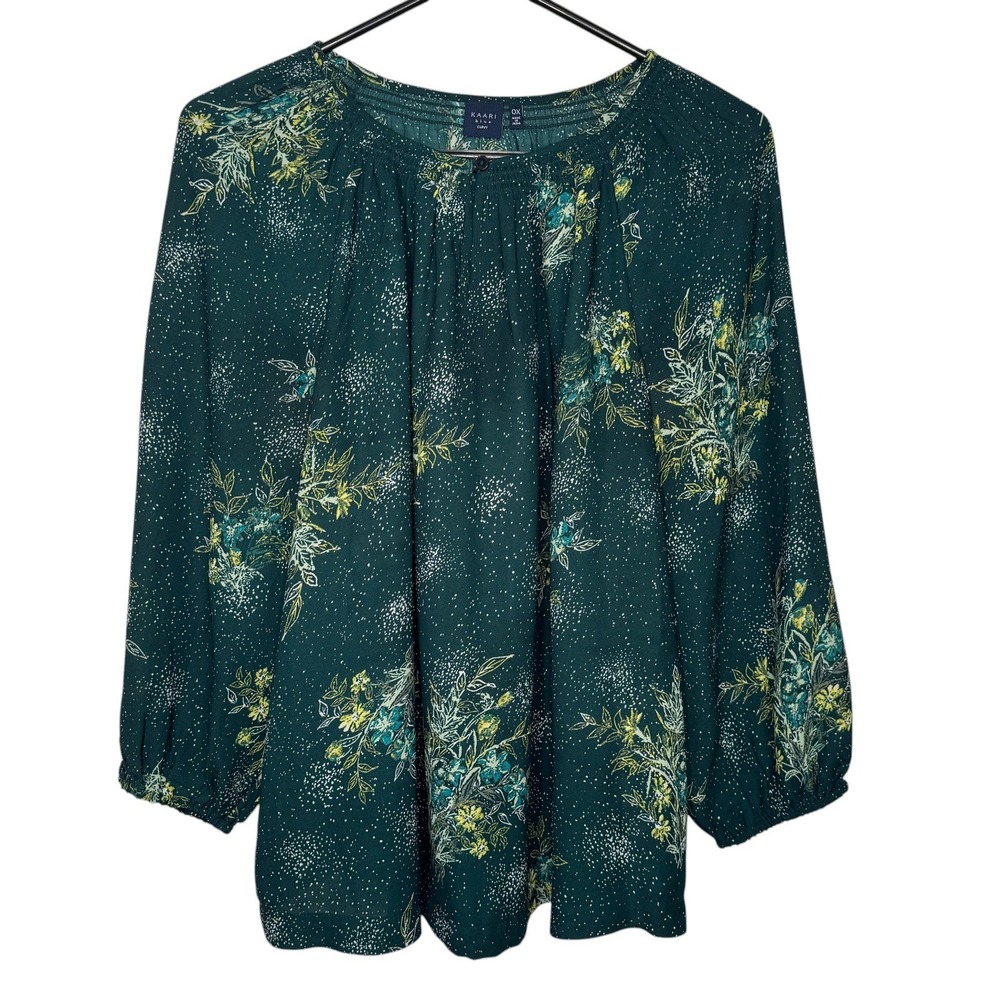 Kaari Blue Curvy Green Floral Blouse Womens 0X Smocked Neck Keyhole Long Sleeve